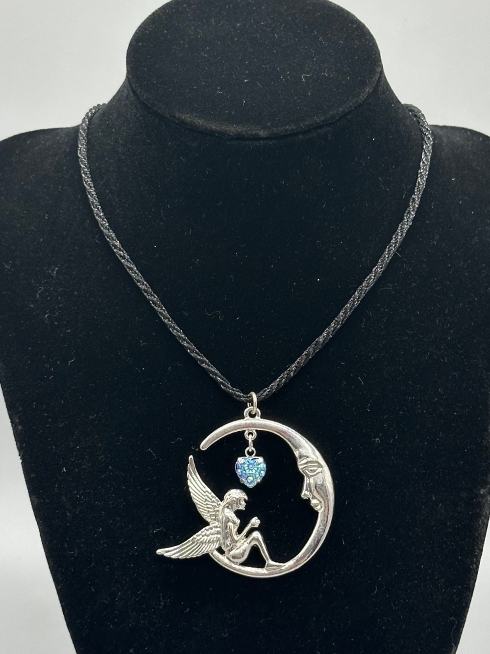 Fairy Crescent Moon Heart Pendant Black Cord 22.5" Necklace Fantasy Mythical